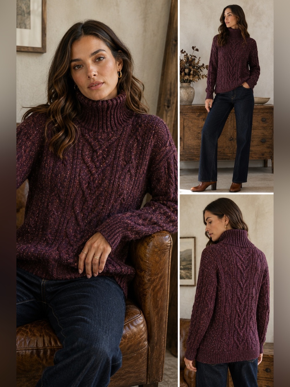 Vintage J Peterman Wool Silk Cable Knit Turtleneck Sweater Burgundy L